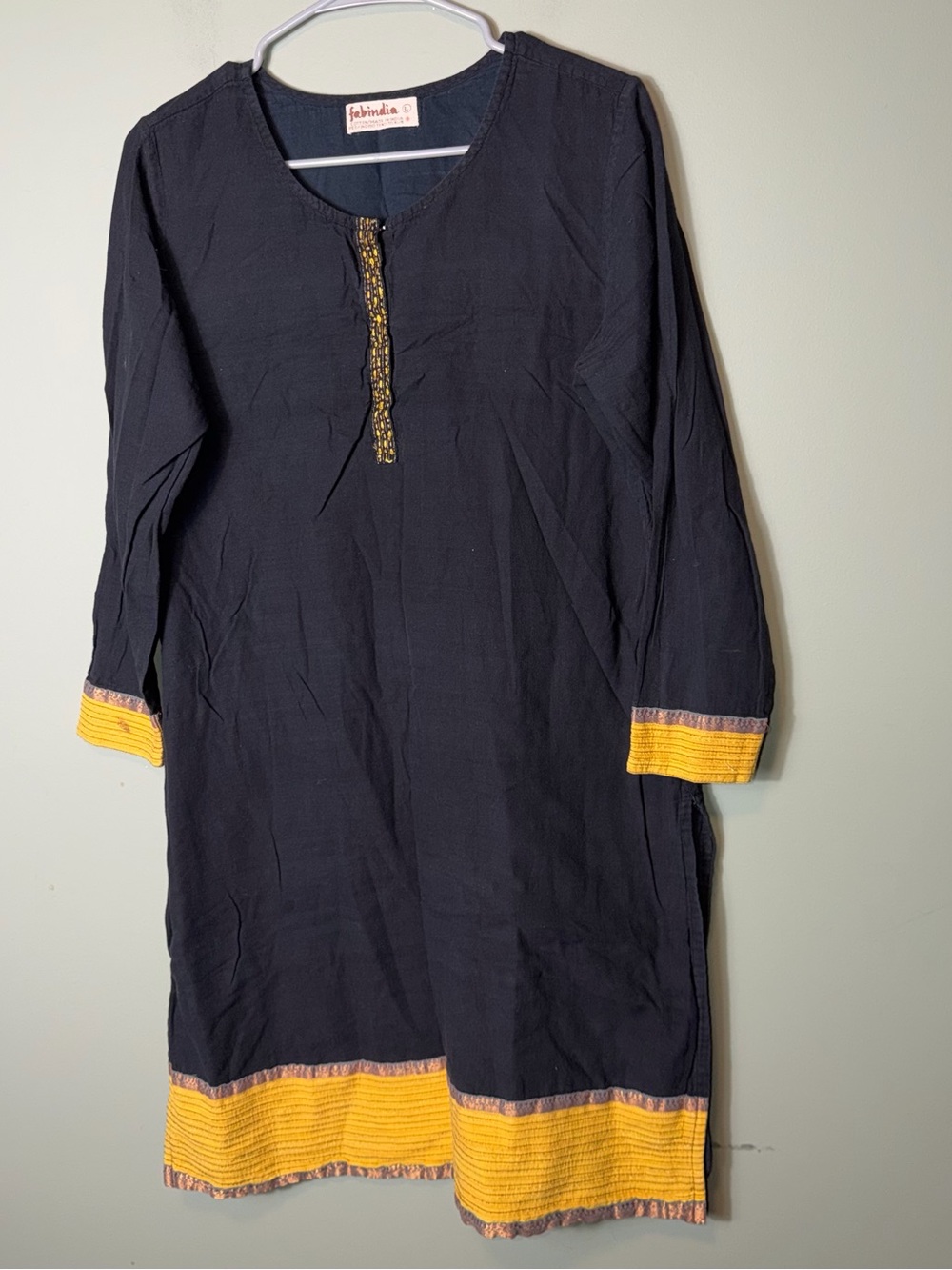 Fabindia Black Kurta Yellow Embroidered Placket Large